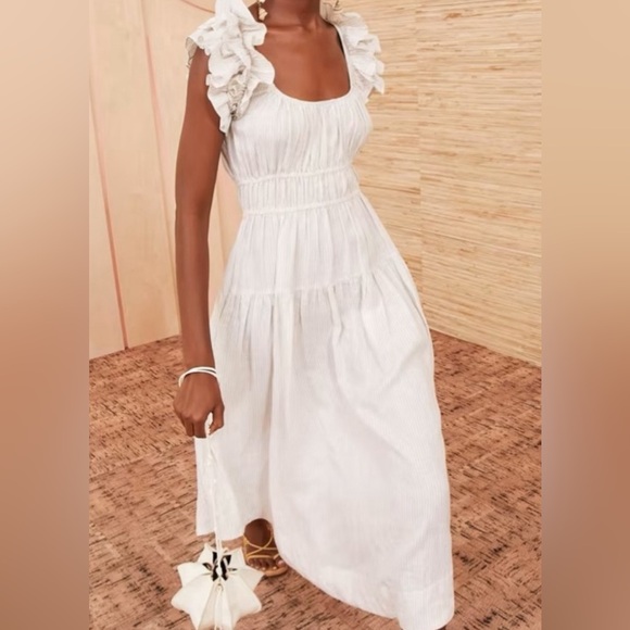 Ulla Johnson Rissa Ruffle Sleeve Midi Linen Dress In Sand Stripes - Picture 1 of 8